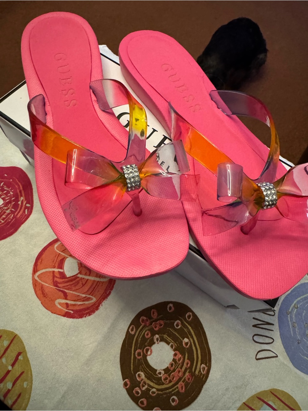 Guess Hot Pink Jelly Bow Flip Flops with Iridescent Straps